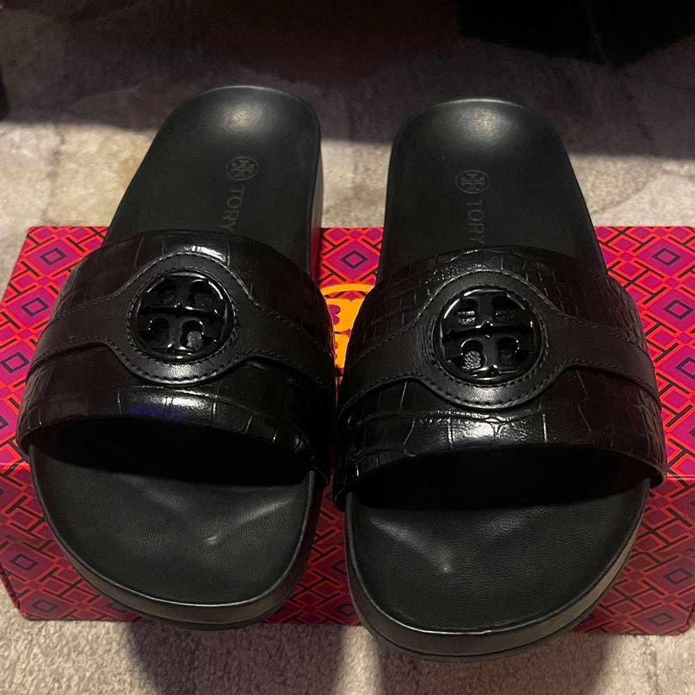 Tory Burch Women's Anatomic Croc/Emboss Leather Slides